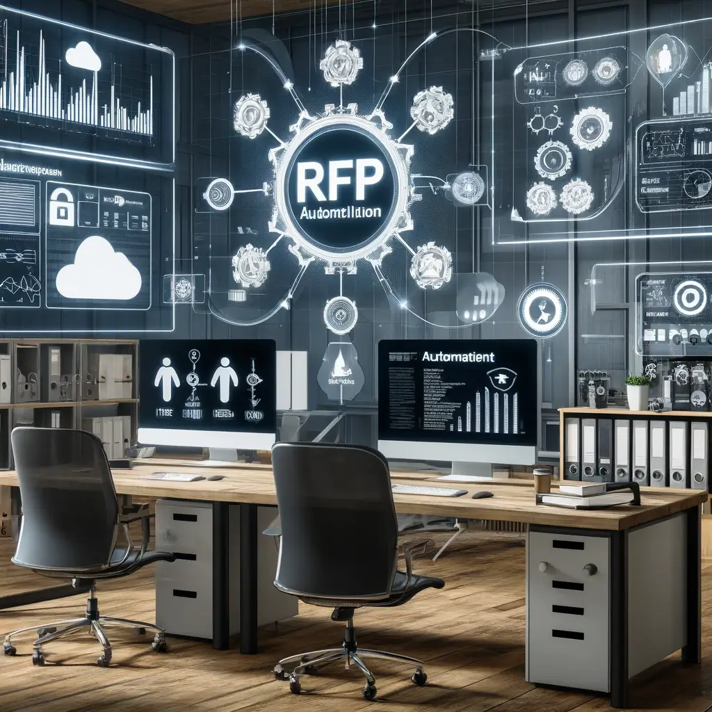 modern office environment without people, featuring several computer screens displaying graphs, charts, and the RocketDocs software interface. The image highlights content management, automated workflows, and collaboration tools, with tech elements like cloud storage icons, gears representing automation, and interconnected nodes symbolizing seamless integration. The setting is clean, professional, and dynamic, emphasizing efficiency and advanced technology.